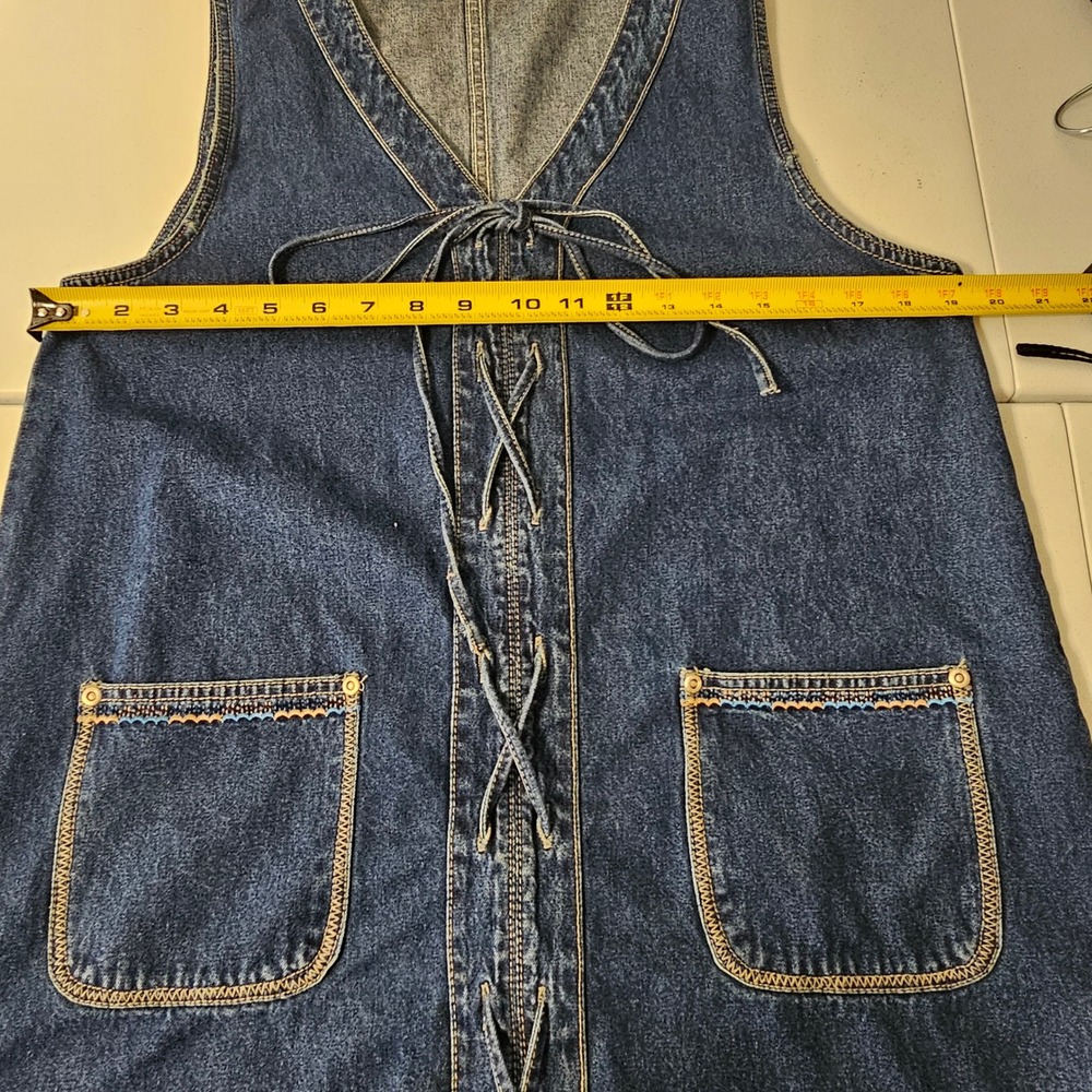 90s Y2K Denim Jumper Maxi Dress L Blue Lace Up Embroidered Cottagecore Modest - Picture 10 of 11